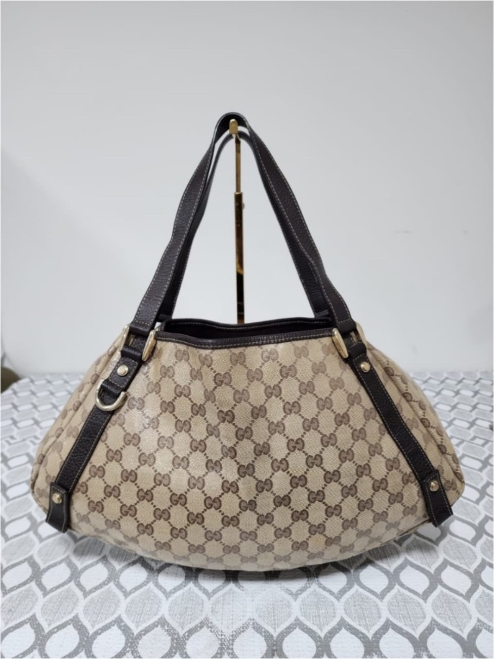 Authentic GUCCI Crystal Monogram Medium Abbey Shoulder Bag Dark Brown/Beige